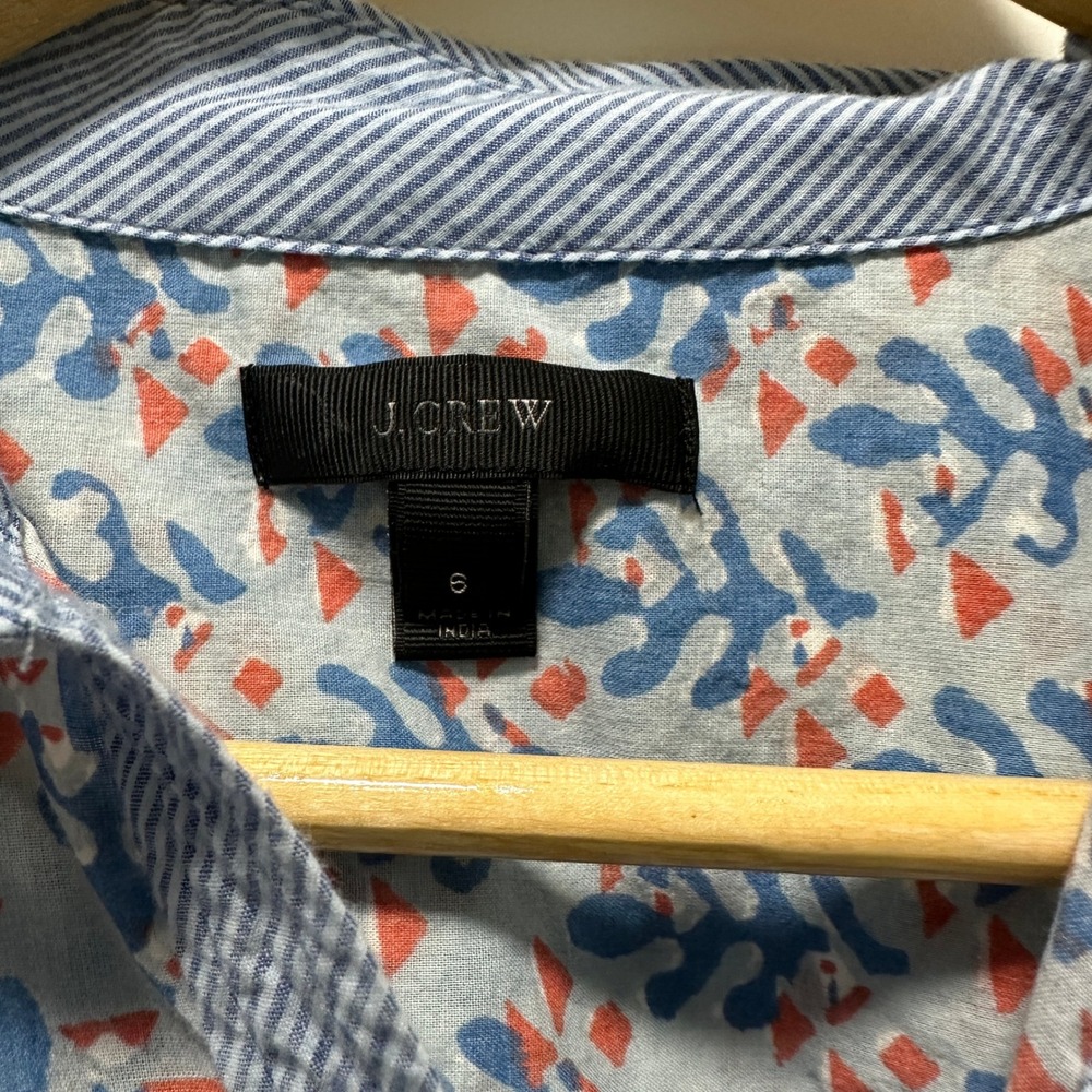 J.Crew Popover Shirt Womens 6 Blue Orange‎ Coral Print Trim Long Sleeve Cotton - Picture 3 of 6